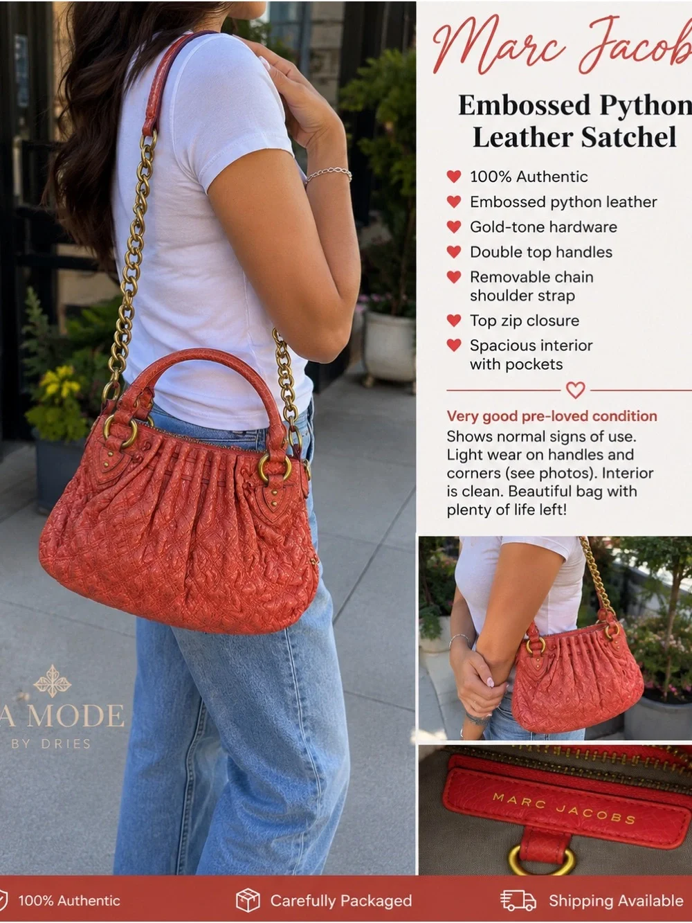 Marc Jacobs Embossed Python Leather Satchel – Coral Red